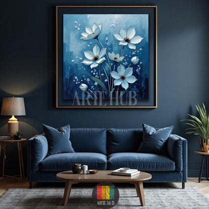 A sophisticated blue and white floral canvas print displayed as wall art in a contemporary Egyptian interior setting, provided by Artehub Egypt.

 لوحة فنية لأزهار زرقاء وبيضاء بتصميم مودرن على كانفاس، مثالية لديكور الحوائط في المنازل المصرية من آرت هوب Artehub مصر.