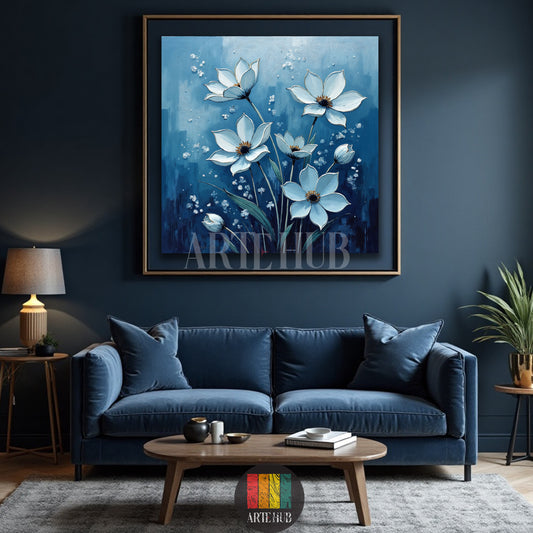  A sophisticated blue and white floral canvas print displayed as wall art in a contemporary Egyptian interior setting, provided by Artehub Egypt.

 لوحة فنية لأزهار زرقاء وبيضاء بتصميم مودرن على كانفاس، مثالية لديكور الحوائط في المنازل المصرية من آرت هوب Artehub مصر.