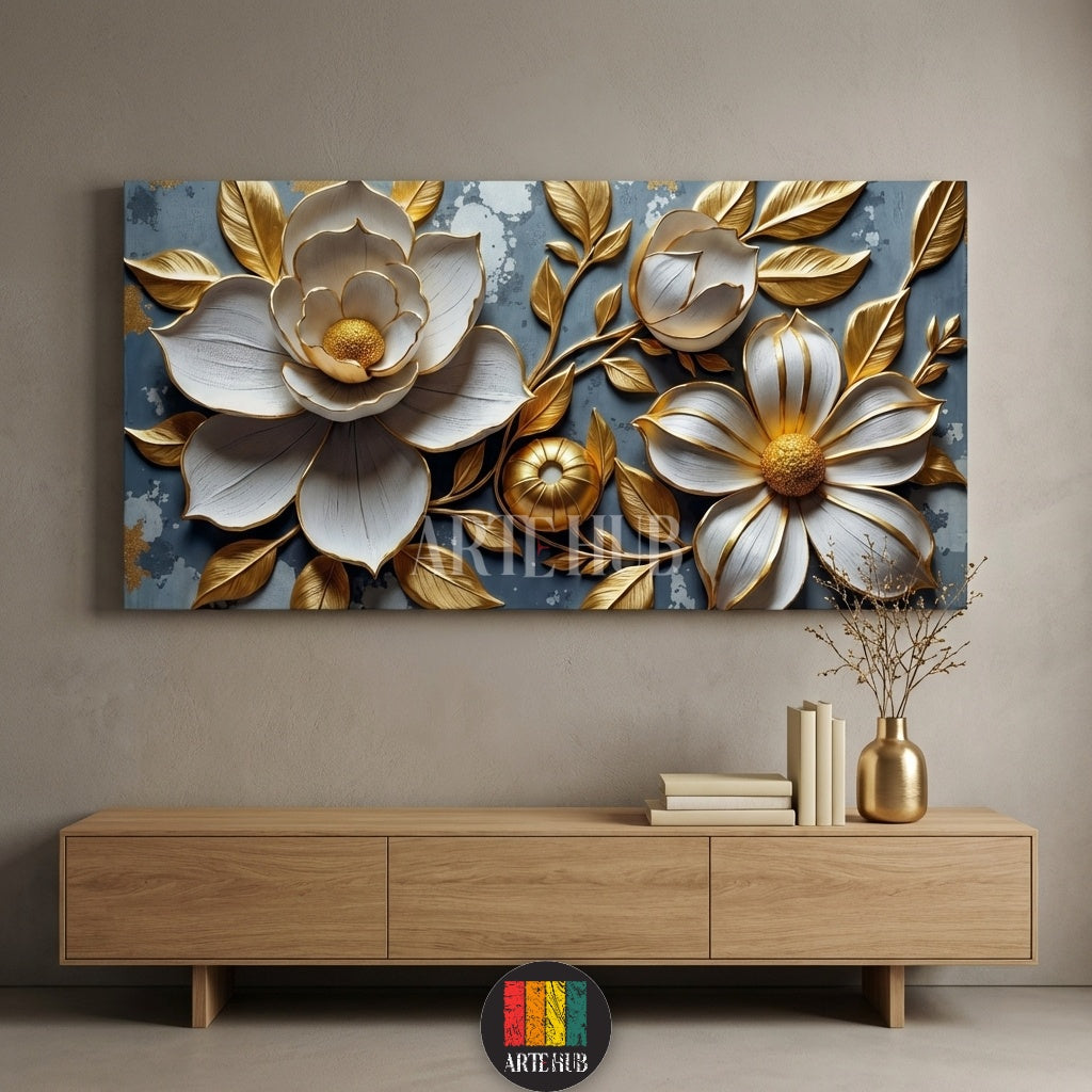 Detailed 3D embossed white flowers with gold leaves on a blue textured background. Luxurious canvas wall art for Egyptian style homes from Artehub.

لوحة كانفاس بزهور بارزة باللون الأبيض وأوراق ذهبية على خلفية زرقاء. ديكور حائط فخم بتصميم مودرن من Artehub ليناسب الذوق المصري.