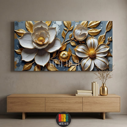 Detailed 3D embossed white flowers with gold leaves on a blue textured background. Luxurious canvas wall art for Egyptian style homes from Artehub.

لوحة كانفاس بزهور بارزة باللون الأبيض وأوراق ذهبية على خلفية زرقاء. ديكور حائط فخم بتصميم مودرن من Artehub ليناسب الذوق المصري.