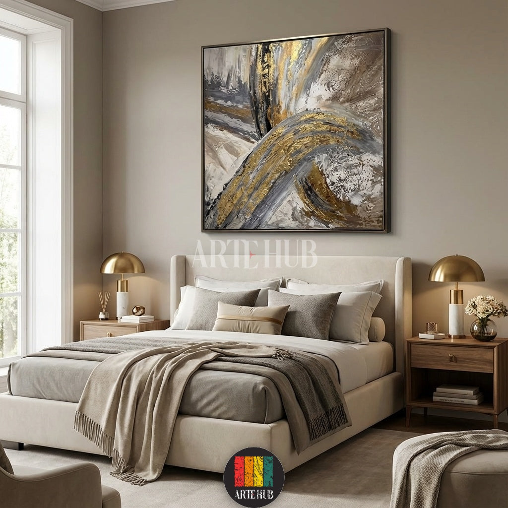 Large modern abstract canvas wall art featuring gold, grey, and black brushstrokes in a luxurious Egyptian living room setting by Artehub Egypt.

لوحة كانفاس تجريدية مودرن كبيرة بألوان ذهبية ورمادية وسوداء لديكور حوائط غرف المعيشة الفخمة في مصر من آرت هب Artehub.