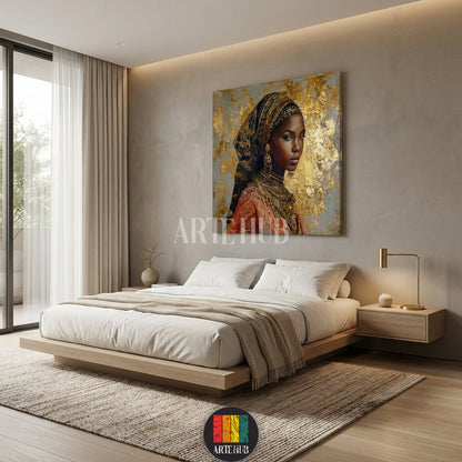 Artehub Nubiana wall art featuring a stunning African woman portrait with gold leaf details on canvas, perfect for modern Egyptian homes and decor.

 لوحة نوبيانا من Artehub تصور بورتريه لامرأة أفريقية بتفاصيل ذهبية على كانفاس، مثالية للديكور العصري في مصر والتابلوهات الفاخرة.