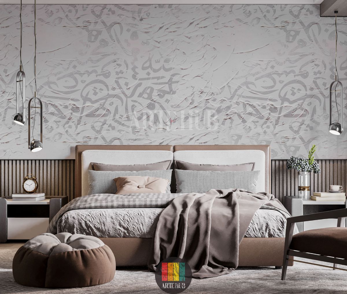Full shot of a contemporary bedroom featuring a luxurious white textured wallpaper with subtle grey Arabic calligraphy patterns. Modern furniture, elegant lighting, and stylish decor complete this Egyptian interior design.
صورة كاملة لغرفة نوم عصرية تضم ورق حائط أبيض فاخر ومنقوش بنقوش الخط العربي الرمادي الفاتح. يظهر الأثاث الحديث والإضاءة الأنيقة والديكور العصري الذي يعكس الطراز المصري.
room: bedroom
