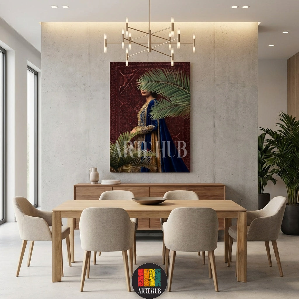A high-quality canvas print by Artehub featuring a woman in a royal blue and gold traditional dress with palm leaves, embodying modern Egyptian style wall decor.

 لوحة كانفاس فاخرة من Artehub تظهر امرأة بزي تقليدي أزرق وذهبي مع أوراق النخيل، تعبر عن فن الديكور الحديث في مصر.