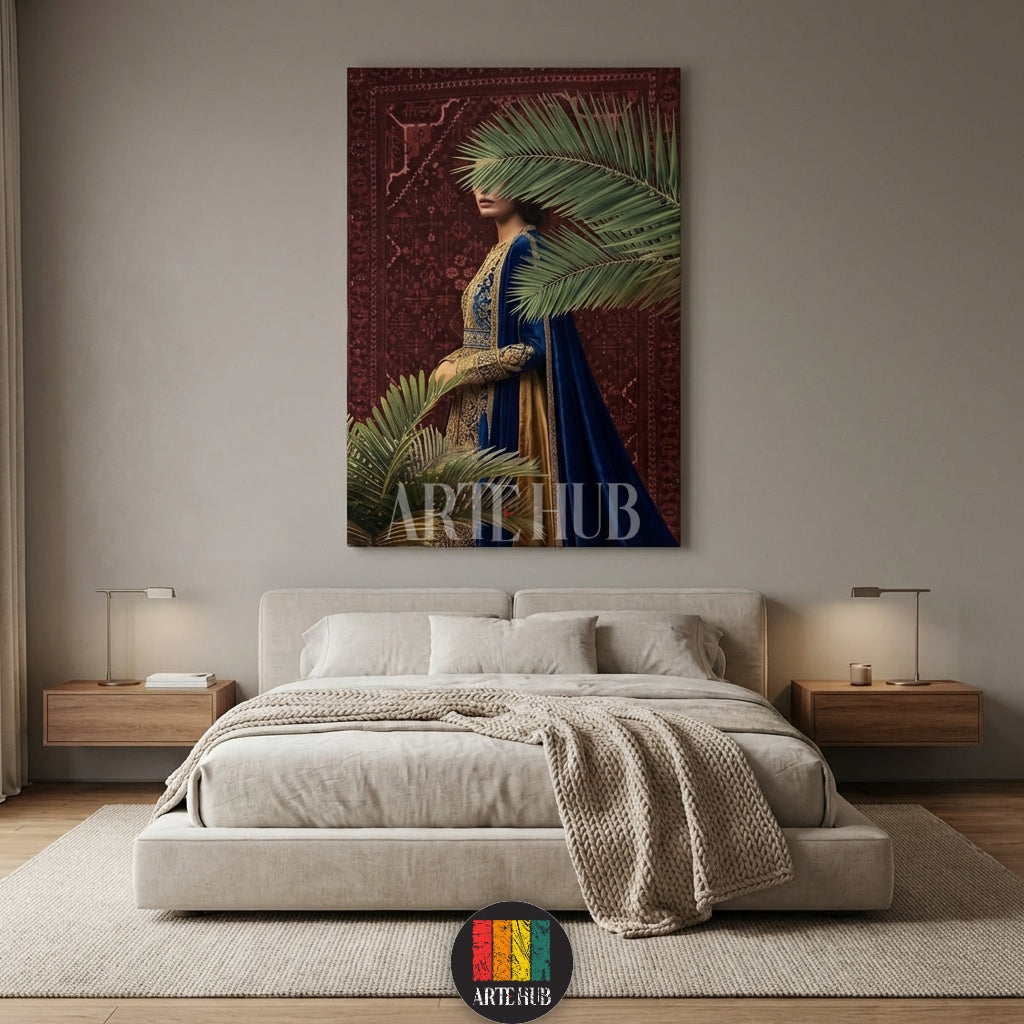 A high-quality canvas print by Artehub featuring a woman in a royal blue and gold traditional dress with palm leaves, embodying modern Egyptian style wall decor.

 لوحة كانفاس فاخرة من Artehub تظهر امرأة بزي تقليدي أزرق وذهبي مع أوراق النخيل، تعبر عن فن الديكور الحديث في مصر.