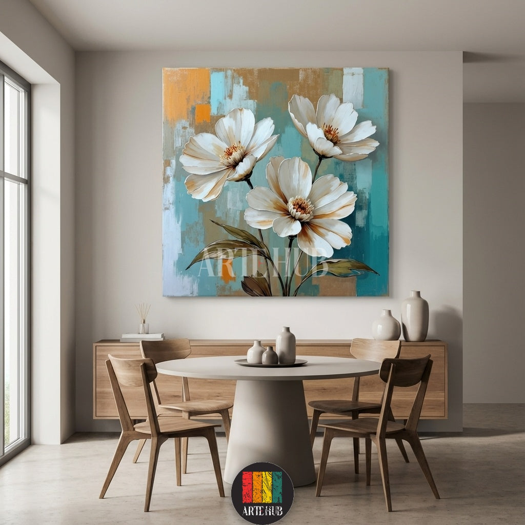 A square canvas wall art from Artehub showing three large white flowers with detailed centers against a teal, blue, and orange textured background in an Egyptian restaurant setting.

لوحة جدارية مربعة من آرت هب تظهر ثلاث زهور بيضاء كبيرة بتفاصيل دقيقة على خلفية ملونة بالأزرق والبرتقالي، مناسبة لتصميمات الديكور الحديثة في مصر.