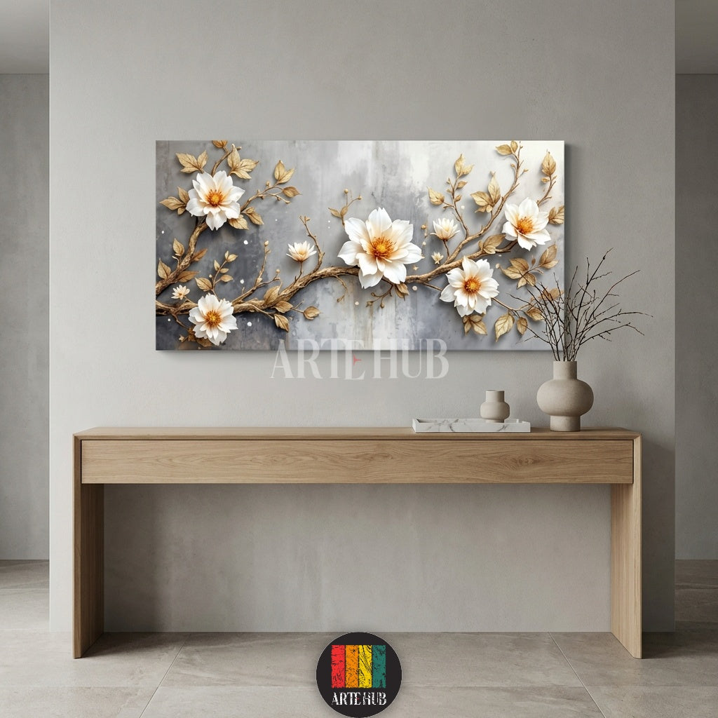 Elegant white flowers on golden branches canvas wall art by Artehub. High-quality wall decor in Egypt for modern homes.

تابلوه كانفاس زهور بيضاء وأغصان ذهبية راقية من Artehub. ديكور حوائط عالي الجودة في مصر للمنازل العصرية.