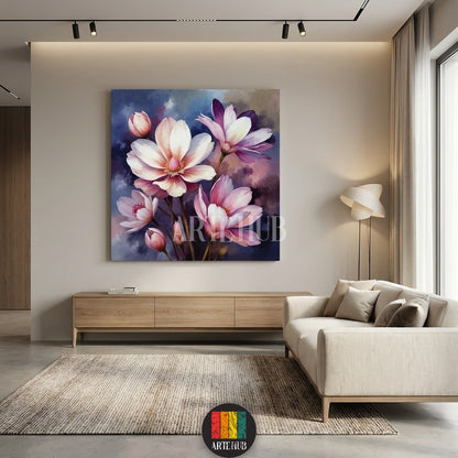  A beautiful square canvas painting featuring delicate pink and white flowers against a moody dark background, perfect for Egyptian style interior decoration by Artehub.

 لوحة فنية كانفس لزهور وردية وبيضاء ناعمة على خلفية داكنة، تابلوه مودرن مثالي لديكور الحوائط في مصر من إنتاج Artehub.