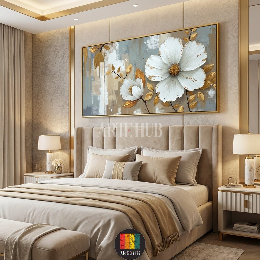  A large horizontal canvas featuring two large white blooming flowers with golden leaf accents on an abstract grey and beige background, styled as elegant wall art for an Egyptian home by Artehub.

 لوحة كانفاس كبيرة الحجم تضم زهور بيضاء متفتحة مع لمسات من أوراق الشجر الذهبية على خلفية تجريدية، تابلوه مودرن راقي لغرف المعيشة في مصر من Artehub.