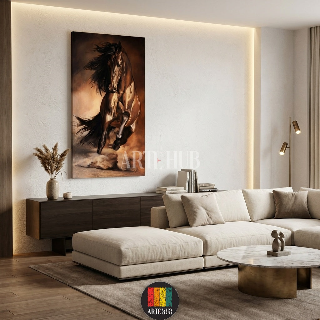  A powerful dark brown horse galloping through dust, a majestic canvas wall art piece from Artehub available in Egypt, perfect for modern Egyptian home decor.

 لوحة فنية لحصان بني قوي يجري وسط الغبار، تابلوه مودرن من Artehub لديكورات المنازل في مصر، مثالي للغرف الأنيقة والراقية.