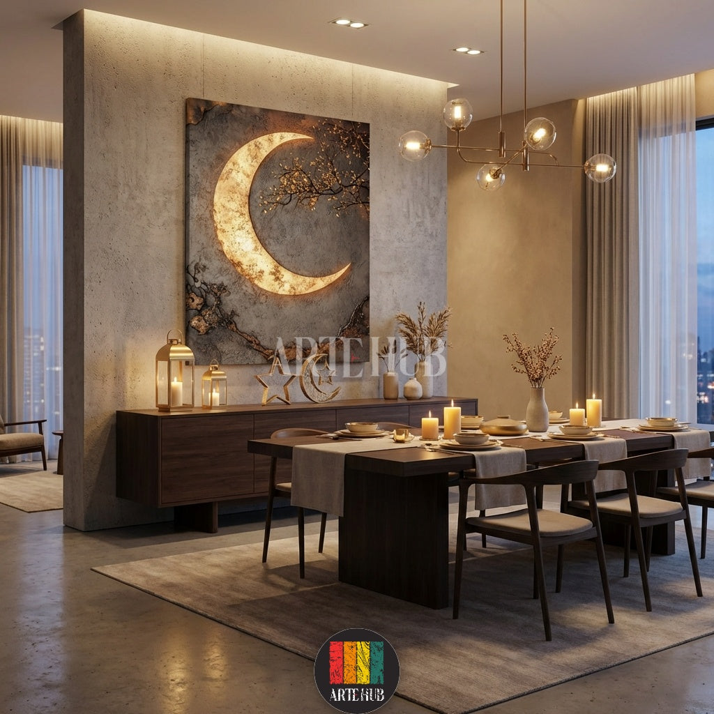 Textured canvas wall art from Artehub featuring a glowing golden crescent moon and a subtle blue evil eye motif, ideal for stylish Egyptian interiors.

لوحة كانفاس من Artehub توضح هلالاً ذهبياً مضيئاً مع رمز العين الزرقاء، تناسب تصاميم الديكور في مصر.
