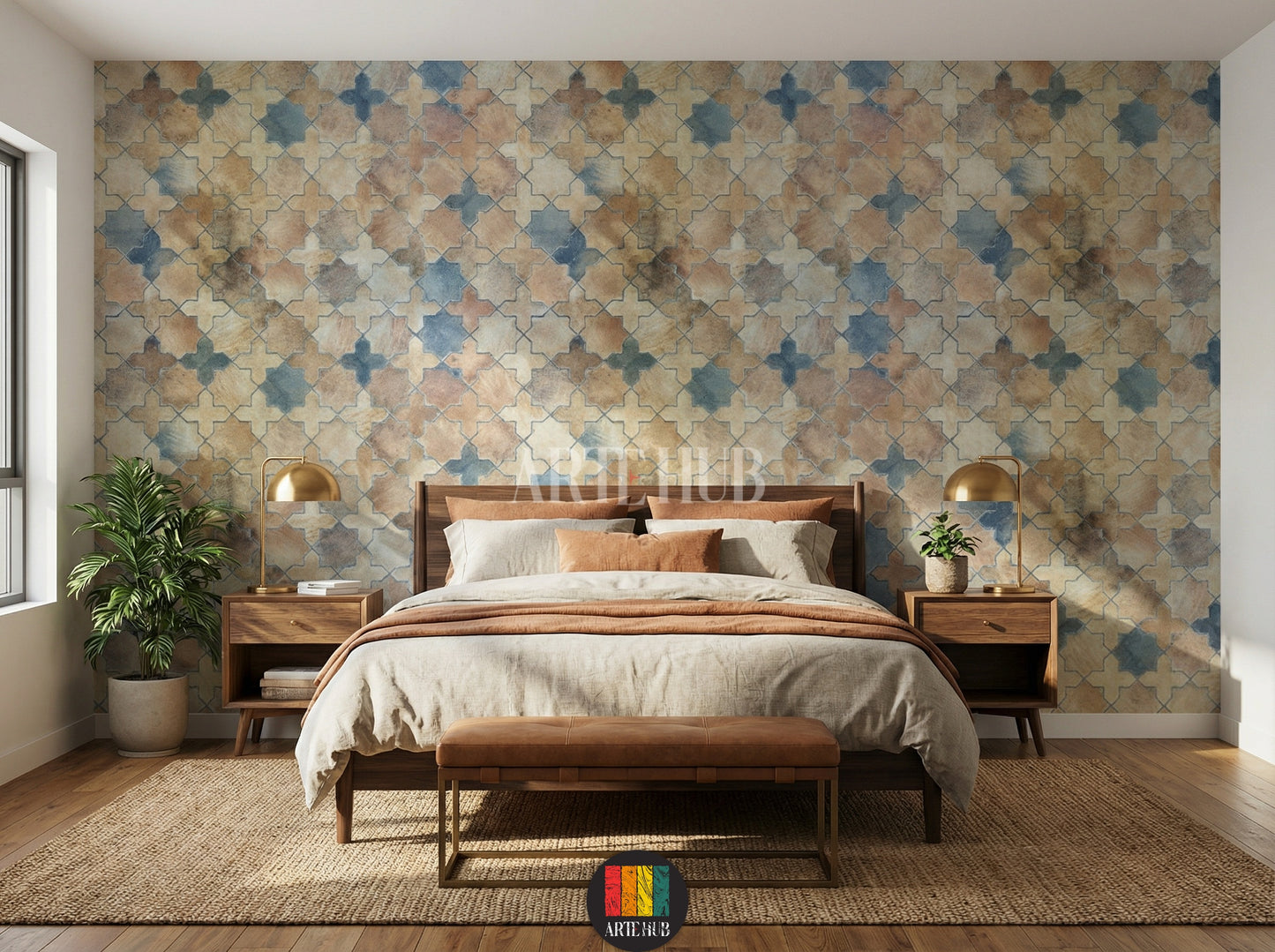 Full view of a modern bedroom featuring a patterned wallpaper with geometric Islamic quatrefoil and star-like motifs in earthy blue, brown, and beige tones. The room has two nightstands with golden lamps, a green plant, and a natural fiber rug, creating a serene and elegant Egyptian-style interior.
صورة كاملة لغرفة نوم عصرية مزينة بورق حائط بنمط هندسي إسلامي بنقوش مربعة ونجوم بألوان ترابية من الأزرق والبني والبيج. تحتوي الغرفة على سرير خشبي، مصابيح ذهبية،
room: bedroom