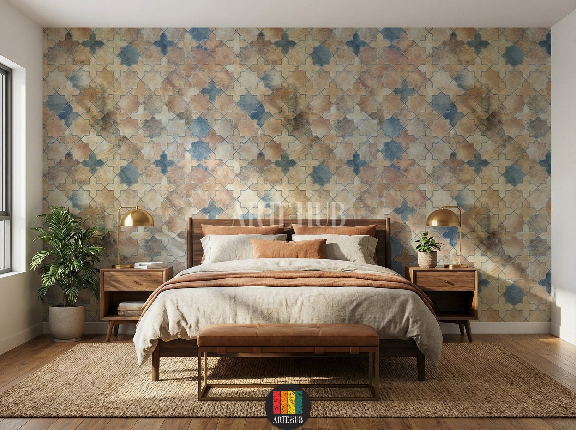 Full view of a modern bedroom featuring a patterned wallpaper with geometric Islamic quatrefoil and star-like motifs in earthy blue, brown, and beige tones. The room has two nightstands with golden lamps, a green plant, and a natural fiber rug, creating a serene and elegant Egyptian-style interior.
صورة كاملة لغرفة نوم عصرية مزينة بورق حائط بنمط هندسي إسلامي بنقوش مربعة ونجوم بألوان ترابية من الأزرق والبني والبيج. تحتوي الغرفة على سرير خشبي، مصابيح ذهبية،
room: bedroom