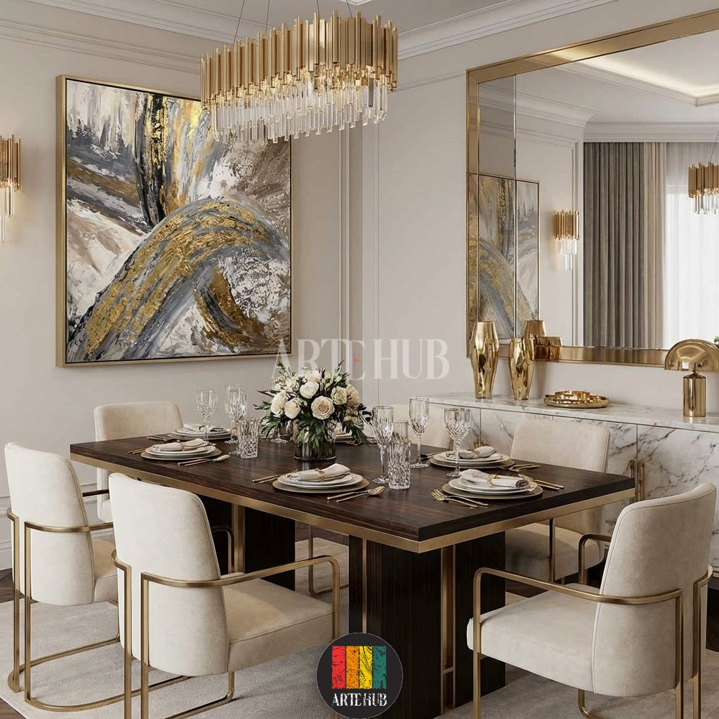 Large modern abstract canvas wall art featuring gold, grey, and black brushstrokes in a luxurious Egyptian living room setting by Artehub Egypt.

لوحة كانفاس تجريدية مودرن كبيرة بألوان ذهبية ورمادية وسوداء لديكور حوائط غرف المعيشة الفخمة في مصر من آرت هب Artehub.