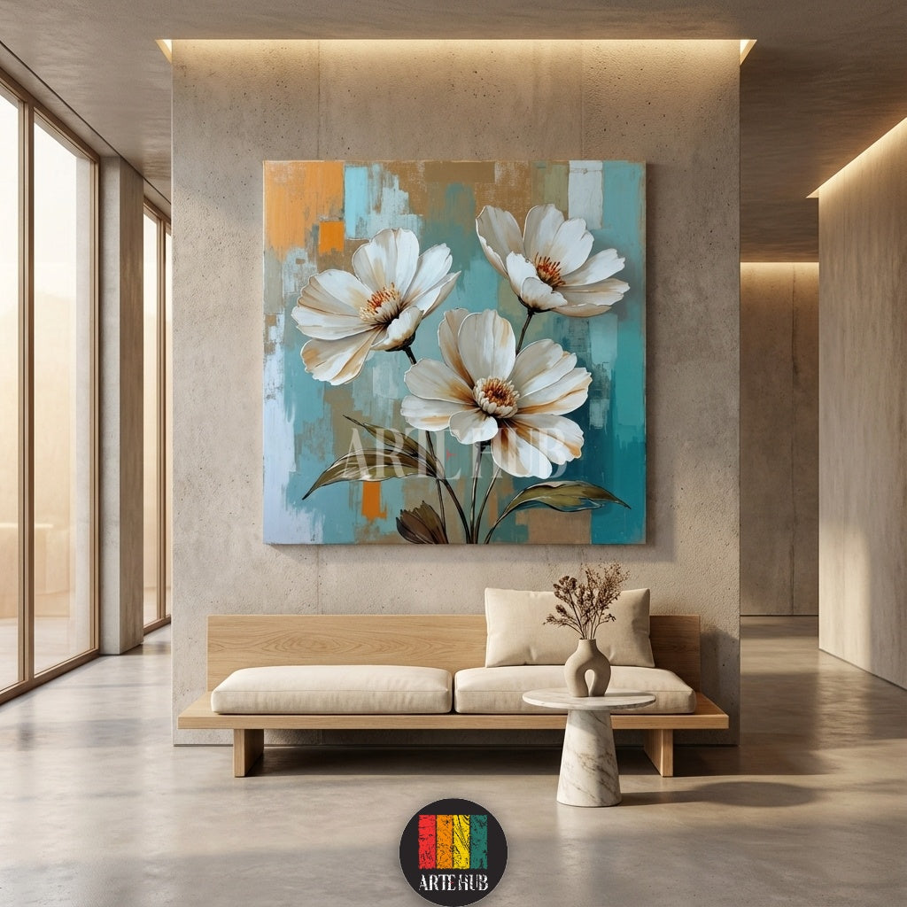 A square canvas wall art from Artehub showing three large white flowers with detailed centers against a teal, blue, and orange textured background in an Egyptian restaurant setting.

لوحة جدارية مربعة من آرت هب تظهر ثلاث زهور بيضاء كبيرة بتفاصيل دقيقة على خلفية ملونة بالأزرق والبرتقالي، مناسبة لتصميمات الديكور الحديثة في مصر.