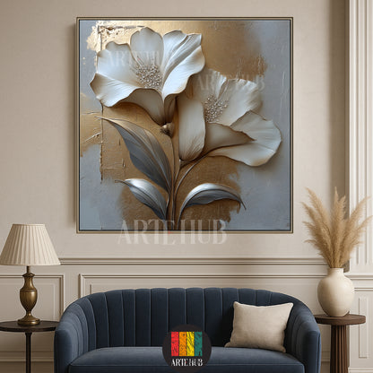 Elegant 3D-style white lilies with gold leaf accents on a grey textured background canvas wall art by Artehub for home decoration in Egypt.

تابلوه كانفاس لزهور بيضاء بلمسات ذهبية بارزة بتصميم مودرن من ارت هاب، قطعة ديكور مميزة للحوائط في مصر.