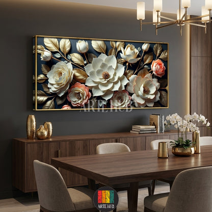 High-quality 3D floral canvas print with gold leaves and white magnolias on a dark navy background, styled in a luxury Egyptian living room by Artehub.

 لوحة كانفاس بزهور ثلاثية الأبعاد وأوراق ذهبية خلفية زرقاء داكنة، ديكور حائط فاخر لغرف المعيشة في مصر من آرت هوب Artehub.