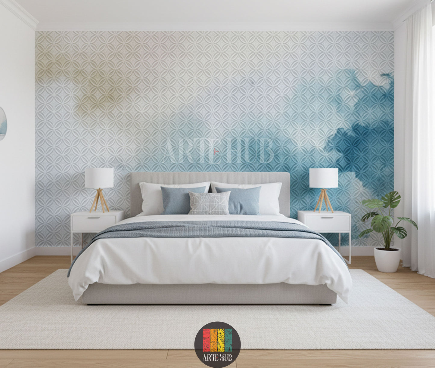 A stylish bedroom featuring a light blue geometric patterned wallpaper with a watercolor effect. The room is decorated with modern wooden furniture, a natural fiber rug, and a unique woven pendant lamp, perfect for home interior design in Egypt.
غرفة نوم أنيقة مزينة بورق حائط بنمط هندسي أزرق فاتح مع تأثير مائي. الغرفة مفروشة بأثاث خشبي عصري وسجادة من الألياف الطبيعية ومصباح سقف فريد، مثالي للديكور المنزلي في مصر.
room: bedroom