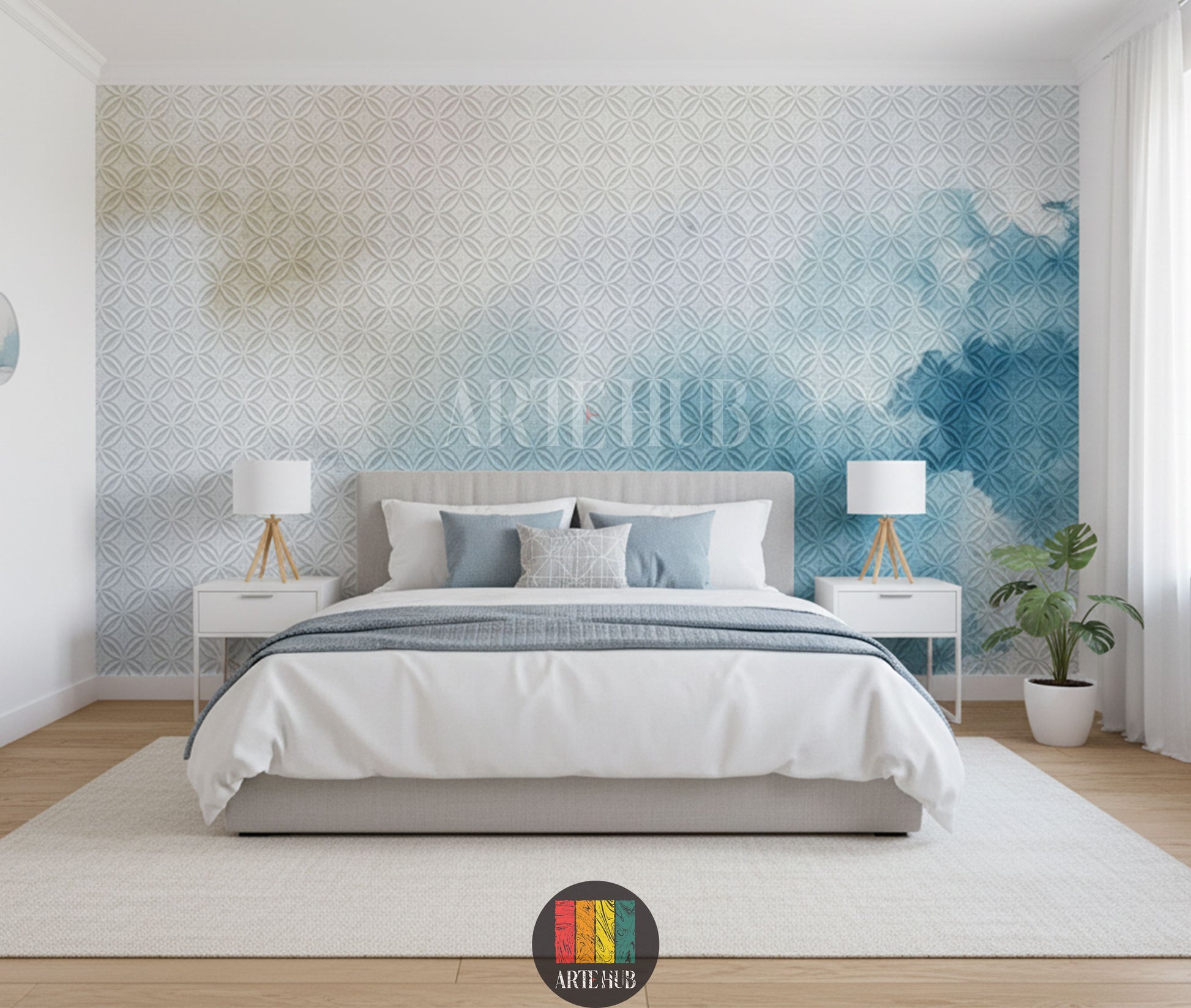 A stylish bedroom featuring a light blue geometric patterned wallpaper with a watercolor effect. The room is decorated with modern wooden furniture, a natural fiber rug, and a unique woven pendant lamp, perfect for home interior design in Egypt.
غرفة نوم أنيقة مزينة بورق حائط بنمط هندسي أزرق فاتح مع تأثير مائي. الغرفة مفروشة بأثاث خشبي عصري وسجادة من الألياف الطبيعية ومصباح سقف فريد، مثالي للديكور المنزلي في مصر.
room: bedroom