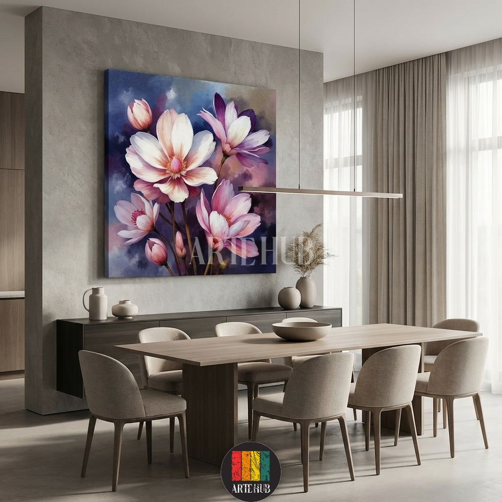 A beautiful square canvas painting featuring delicate pink and white flowers against a moody dark background, perfect for Egyptian style interior decoration by Artehub.

لوحة فنية كانفس لزهور وردية وبيضاء ناعمة على خلفية داكنة، تابلوه مودرن مثالي لديكور الحوائط في مصر من إنتاج Artehub.