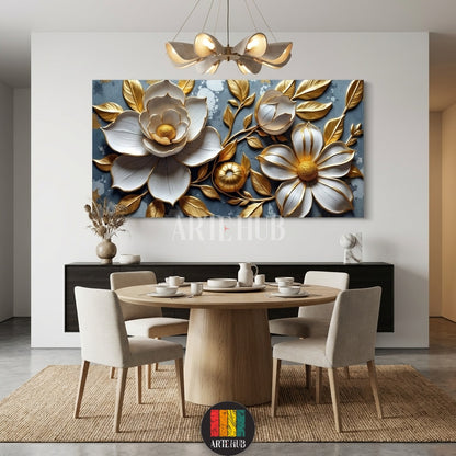 Detailed 3D embossed white flowers with gold leaves on a blue textured background. Luxurious canvas wall art for Egyptian style homes from Artehub.

لوحة كانفاس بزهور بارزة باللون الأبيض وأوراق ذهبية على خلفية زرقاء. ديكور حائط فخم بتصميم مودرن من Artehub ليناسب الذوق المصري.