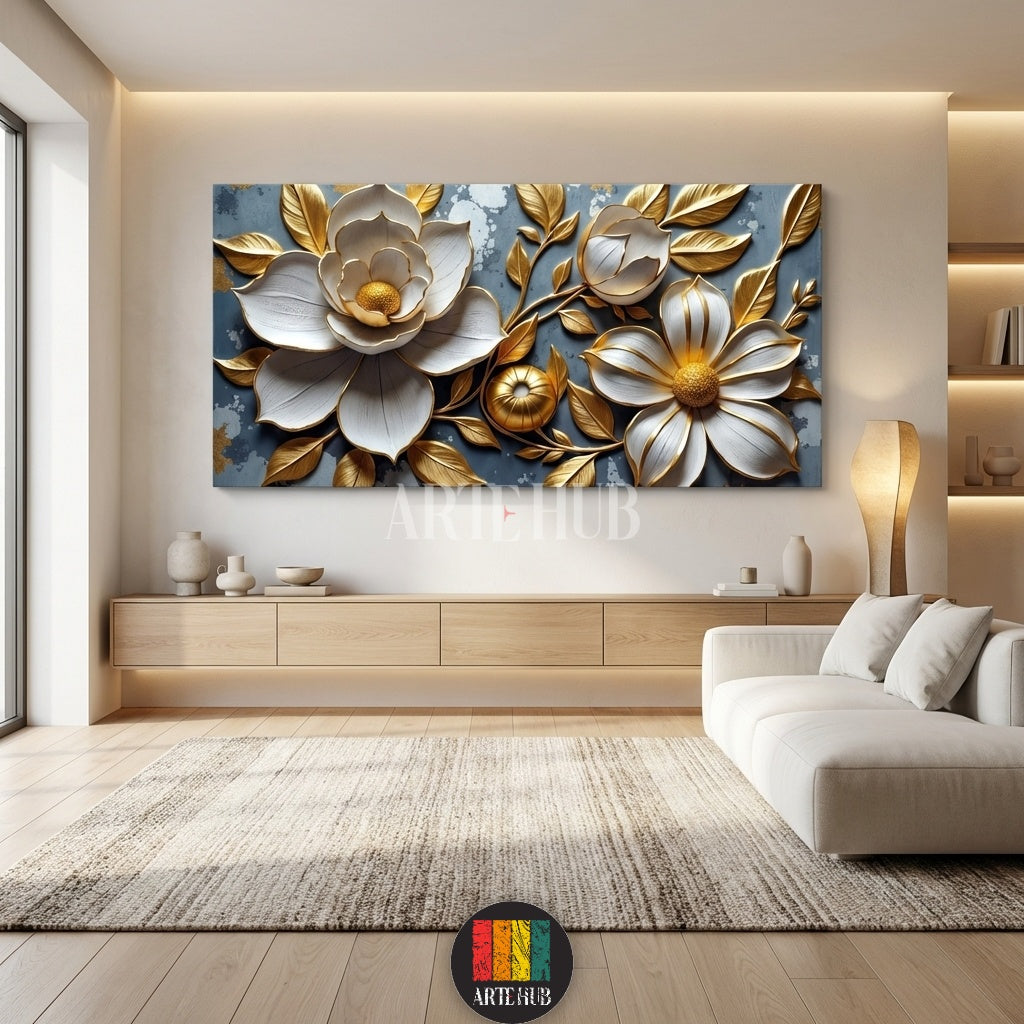 Detailed 3D embossed white flowers with gold leaves on a blue textured background. Luxurious canvas wall art for Egyptian style homes from Artehub.

لوحة كانفاس بزهور بارزة باللون الأبيض وأوراق ذهبية على خلفية زرقاء. ديكور حائط فخم بتصميم مودرن من Artehub ليناسب الذوق المصري.