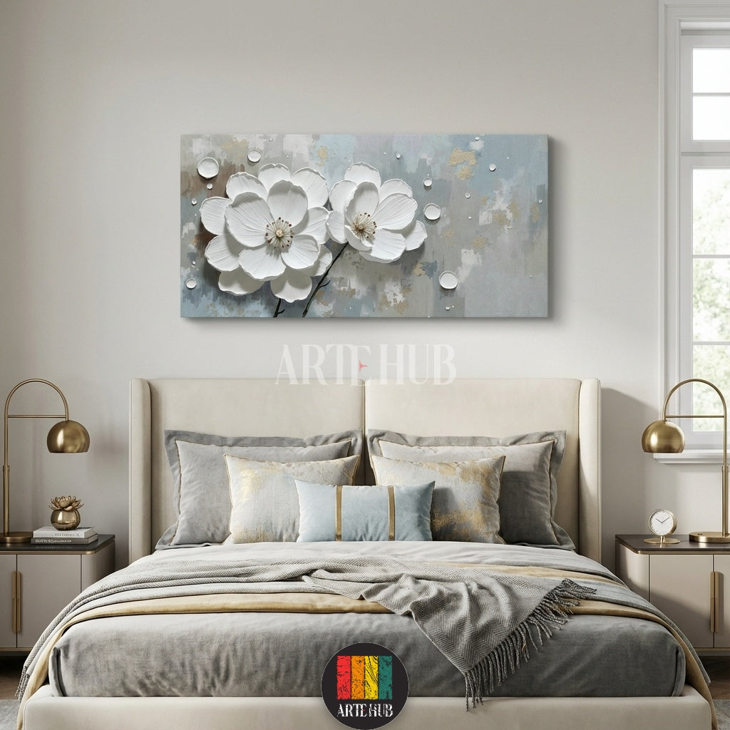 A large rectangular canvas wall art by Artehub featuring two 3D textured white blossoms on a minimalist grey and gold background, styled for an elegant living room in Egypt.

لوحة كانفاس كبيرة من Artehub تضم زهوراً بيضاء بارزة بتصميم ثلاثي الأبعاد على خلفية رمادية وذهبية، مناسبة لديكورات المنازل الفاخرة في مصر.