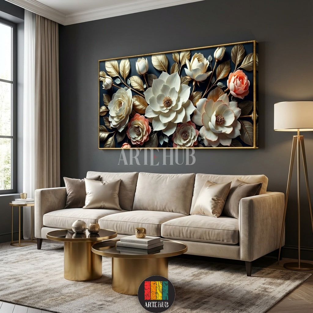 English: High-quality 3D floral canvas print with gold leaves and white magnolias on a dark navy background, styled in a luxury Egyptian living room by Artehub.

Arabic: لوحة كانفاس بزهور ثلاثية الأبعاد وأوراق ذهبية خلفية زرقاء داكنة، ديكور حائط فاخر لغرف المعيشة في مصر من آرت هوب Artehub.