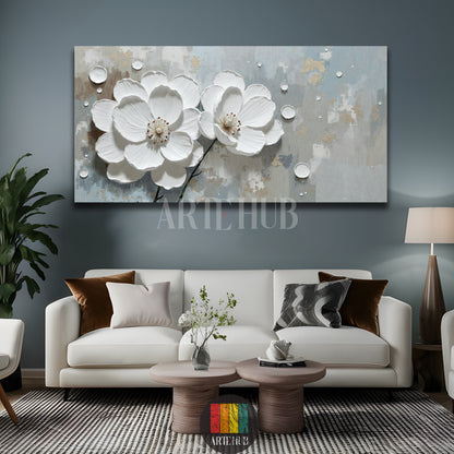 A large rectangular canvas wall art by Artehub featuring two 3D textured white blossoms on a minimalist grey and gold background, styled for an elegant living room in Egypt.

لوحة كانفاس كبيرة من Artehub تضم زهوراً بيضاء بارزة بتصميم ثلاثي الأبعاد على خلفية رمادية وذهبية، مناسبة لديكورات المنازل الفاخرة في مصر.