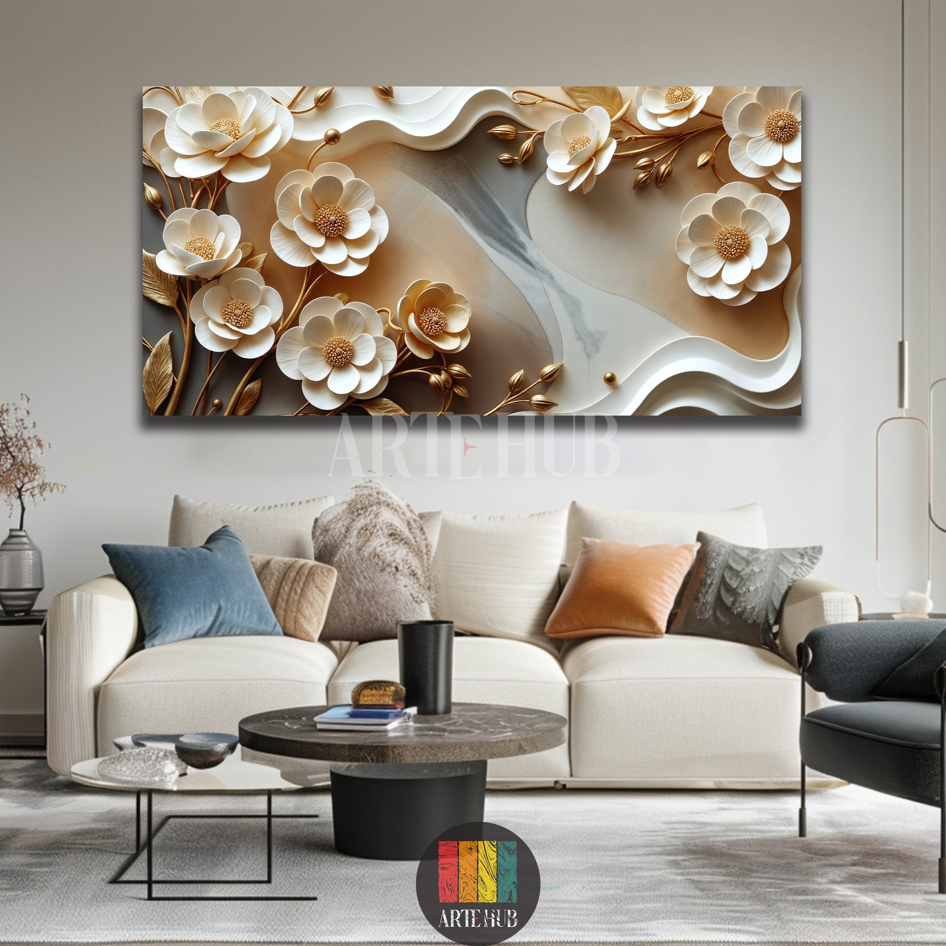 A luxurious 3D white and gold floral canvas print for wall decor in a modern Egyptian home by Artehub. Elegant wall art in Egypt.

لوحة كانفاس مودرن ورد ثلاثي الأبعاد أبيض وذهبي لديكور حوائط منزلك في مصر من Artehub. تابلوهات مودرن فخمة.