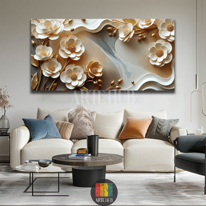 A luxurious 3D white and gold floral canvas print for wall decor in a modern Egyptian home by Artehub. Elegant wall art in Egypt.

لوحة كانفاس مودرن ورد ثلاثي الأبعاد أبيض وذهبي لديكور حوائط منزلك في مصر من Artehub. تابلوهات مودرن فخمة.