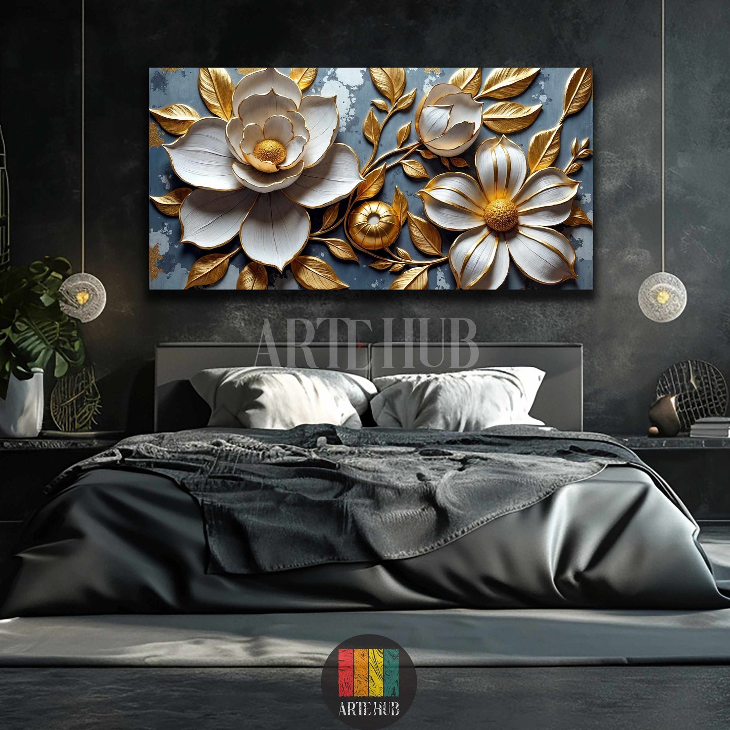 Detailed 3D embossed white flowers with gold leaves on a blue textured background. Luxurious canvas wall art for Egyptian style homes from Artehub.

لوحة كانفاس بزهور بارزة باللون الأبيض وأوراق ذهبية على خلفية زرقاء. ديكور حائط فخم بتصميم مودرن من Artehub ليناسب الذوق المصري.