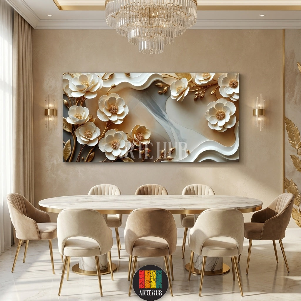  A luxurious 3D white and gold floral canvas print for wall decor in a modern Egyptian home by Artehub. Elegant wall art in Egypt.

لوحة كانفاس مودرن ورد ثلاثي الأبعاد أبيض وذهبي لديكور حوائط منزلك في مصر من Artehub. تابلوهات مودرن فخمة.