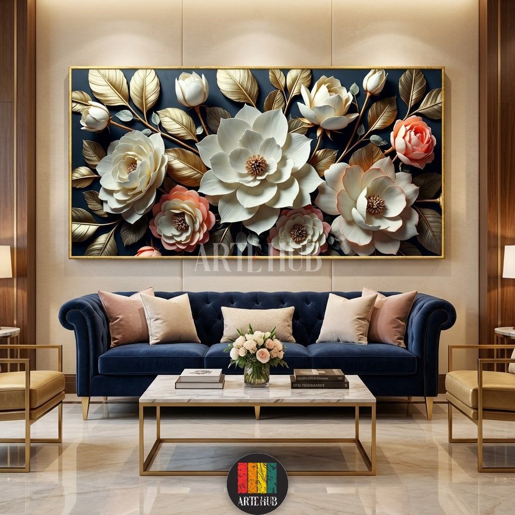 English: High-quality 3D floral canvas print with gold leaves and white magnolias on a dark navy background, styled in a luxury Egyptian living room by Artehub.

Arabic: لوحة كانفاس بزهور ثلاثية الأبعاد وأوراق ذهبية خلفية زرقاء داكنة، ديكور حائط فاخر لغرف المعيشة في مصر من آرت هوب Artehub.