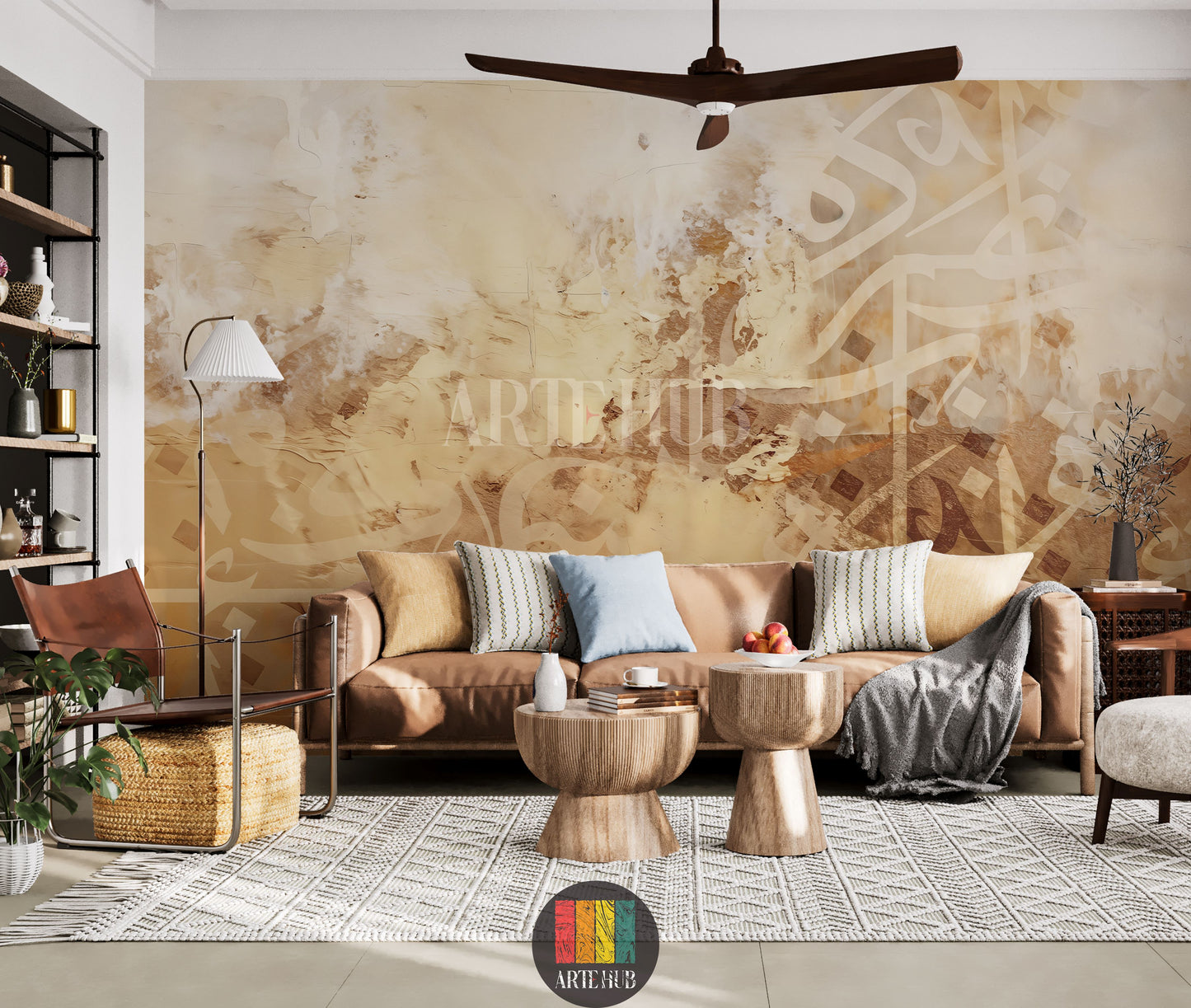 A contemporary bedroom featuring a large abstract Arabic calligraphy wallpaper in warm beige and brown tones, adding an elegant touch to Egyptian home decor. The room has a bed with grey and brown bedding, minimalist side tables, and decorative elements, reflecting modern luxury interior design in Egypt.
غرفة نوم عصرية تتميز بورق حائط كبير بنقوش خط عربي تجريدي بألوان البيج والبني الدافئة، يضفي لمسة فنية أنيقة على ديكور المنازل في مصر. تظهر في الصورة سرير مريح بمفرو
room: living room