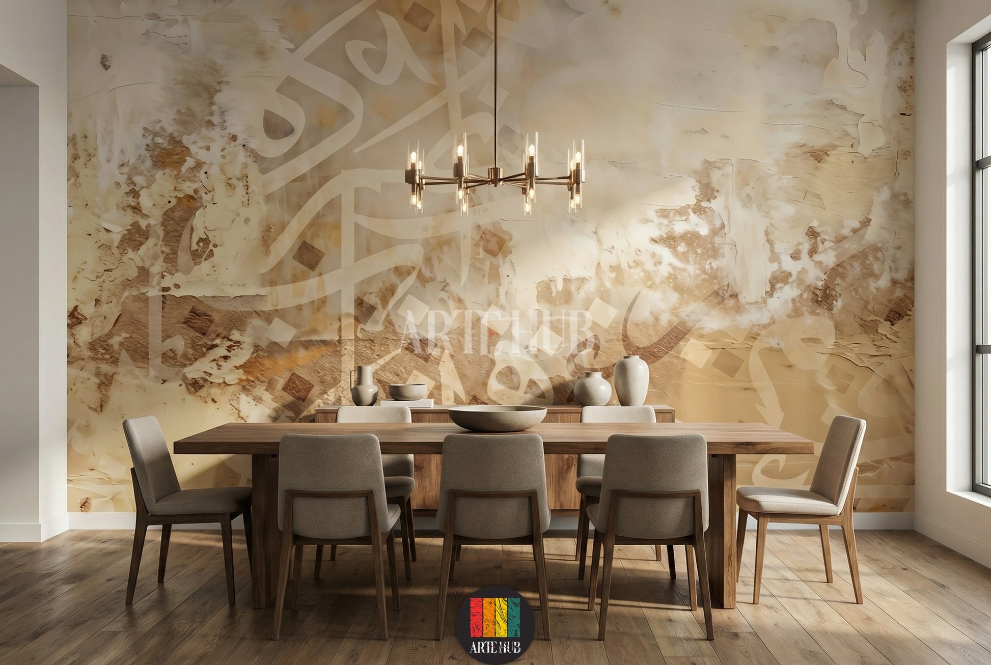 A contemporary bedroom featuring a large abstract Arabic calligraphy wallpaper in warm beige and brown tones, adding an elegant touch to Egyptian home decor. The room has a bed with grey and brown bedding, minimalist side tables, and decorative elements, reflecting modern luxury interior design in Egypt.
غرفة نوم عصرية تتميز بورق حائط كبير بنقوش خط عربي تجريدي بألوان البيج والبني الدافئة، يضفي لمسة فنية أنيقة على ديكور المنازل في مصر. تظهر في الصورة سرير 
room: dining room
