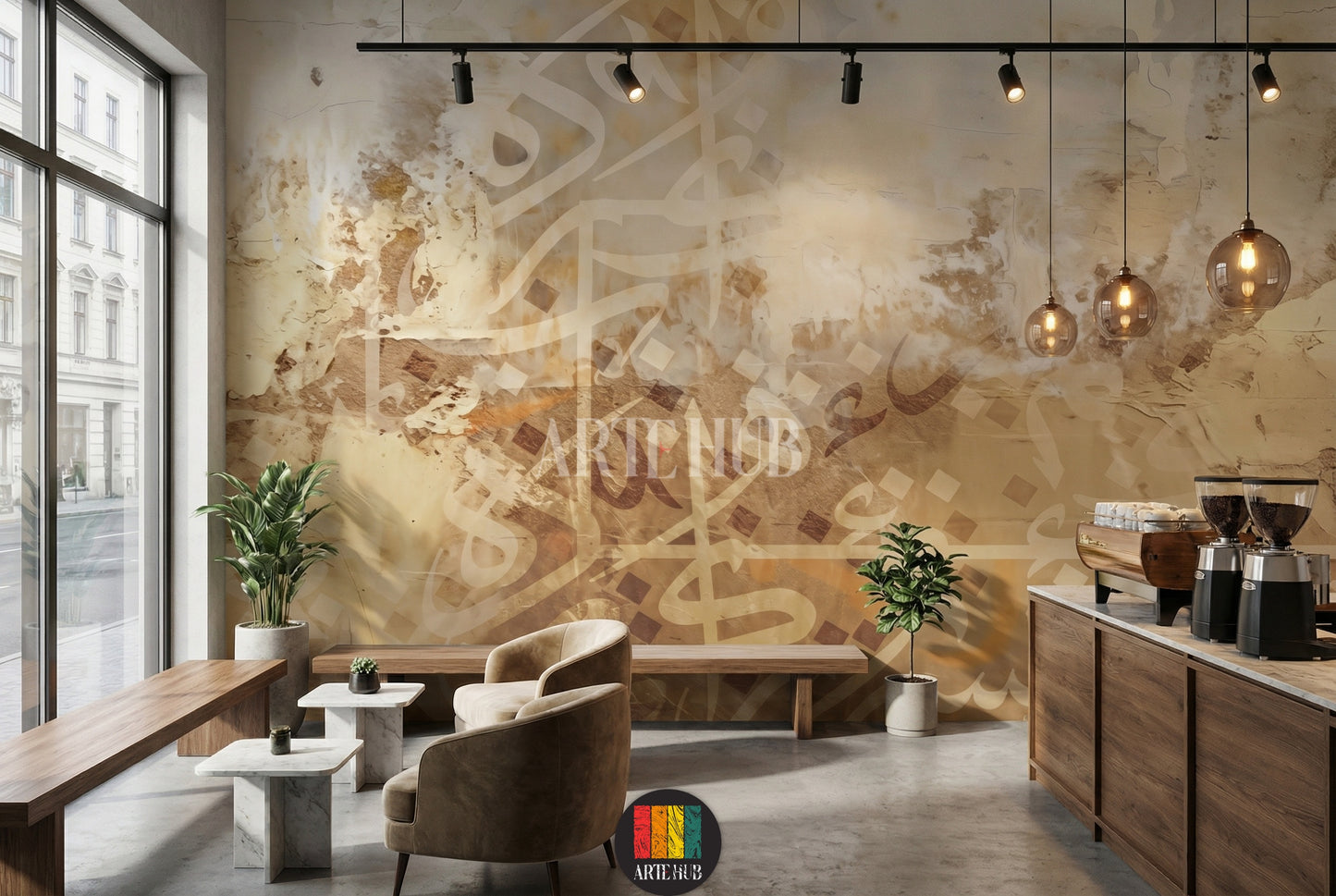 A contemporary bedroom featuring a large abstract Arabic calligraphy wallpaper in warm beige and brown tones, adding an elegant touch to Egyptian home decor. The room has a bed with grey and brown bedding, minimalist side tables, and decorative elements, reflecting modern luxury interior design in Egypt.
غرفة نوم عصرية تتميز بورق حائط كبير بنقوش خط عربي تجريدي بألوان البيج والبني الدافئة، يضفي لمسة فنية أنيقة على ديكور المنازل في مصر. تظهر في الصورة سرير 
room: cafe