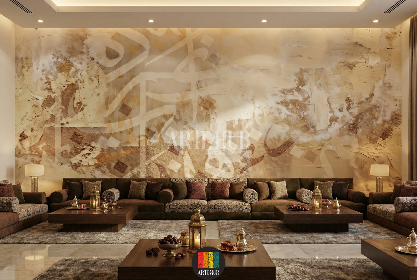 A contemporary majles featuring a large abstract Arabic calligraphy wallpaper in warm beige and brown tones, adding an elegant touch to Egyptian home decor. The room has a bed with grey and brown bedding, minimalist side tables, and decorative elements, reflecting modern luxury interior design in Egypt.
غرفة نوم عصرية تتميز بورق حائط كبير بنقوش خط عربي تجريدي بألوان البيج والبني الدافئة، يضفي لمسة فنية أنيقة على ديكور المنازل في مصر. تظهر في الصورة سرير مريح
room: majles room