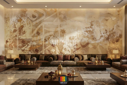 A contemporary majles featuring a large abstract Arabic calligraphy wallpaper in warm beige and brown tones, adding an elegant touch to Egyptian home decor. The room has a bed with grey and brown bedding, minimalist side tables, and decorative elements, reflecting modern luxury interior design in Egypt.
غرفة نوم عصرية تتميز بورق حائط كبير بنقوش خط عربي تجريدي بألوان البيج والبني الدافئة، يضفي لمسة فنية أنيقة على ديكور المنازل في مصر. تظهر في الصورة سرير مريح
room: majles room