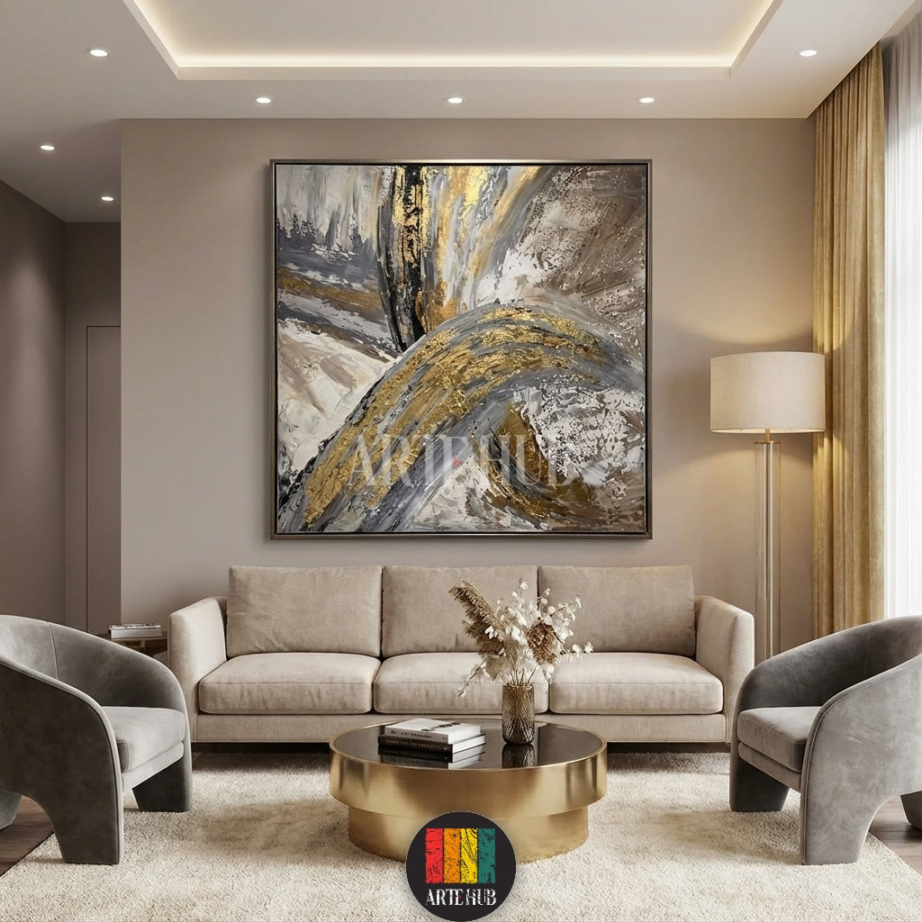 Large modern abstract canvas wall art featuring gold, grey, and black brushstrokes in a luxurious Egyptian living room setting by Artehub Egypt.

لوحة كانفاس تجريدية مودرن كبيرة بألوان ذهبية ورمادية وسوداء لديكور حوائط غرف المعيشة الفخمة في مصر من آرت هب Artehub.