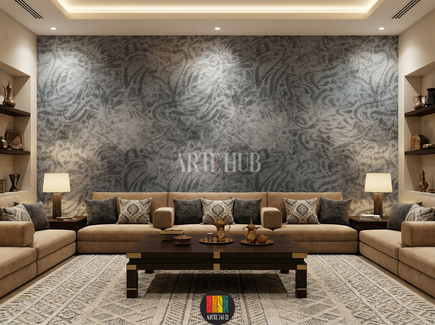 Detailed view of a modern majles room featuring a dark grey abstract patterned wallpaper. The room includes a large dark wood dining table, grey upholstered chairs, a unique white pendant light, and a tall green plant, enhancing the contemporary Egyptian decor.
صورة مفصلة لغرفة مجلس تعرض ورق حائط رمادي داكن بنقوش تجريدية. الغرفة تحتوي على طاولة طعام خشبية داكنة كبيرة، كراسي قماش رمادية، إضاءة معلقة بيضاء فريدة، ونبات أخضر طويل، مما يبرز الديكور العصري في مصر.
room: majles room