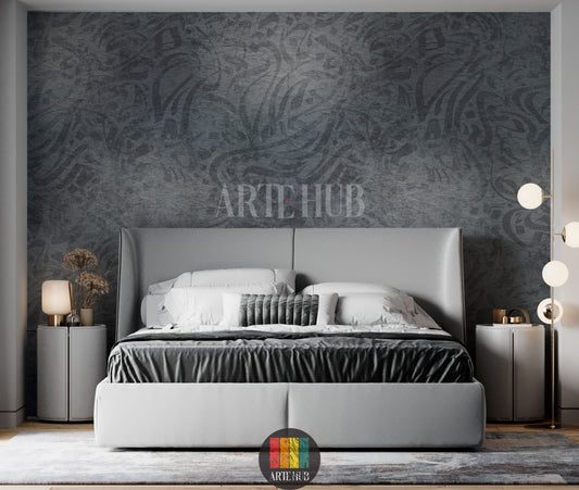 Detailed view of a modern bedroom featuring a dark grey abstract patterned wallpaper. The room includes a large dark wood table, grey upholstered chairs, a unique white pendant light, and a tall green plant, enhancing the contemporary Egyptian decor.
صورة مفصلة لغرفة نوم عصرية تعرض ورق حائط رمادي داكن بنقوش تجريدية. الغرفة تحتوي على طاولة طعام خشبية داكنة كبيرة، كراسي قماش رمادية، إضاءة معلقة بيضاء فريدة، ونبات أخضر طويل، مما يبرز الديكور العصري في مصر.
room: bedroom