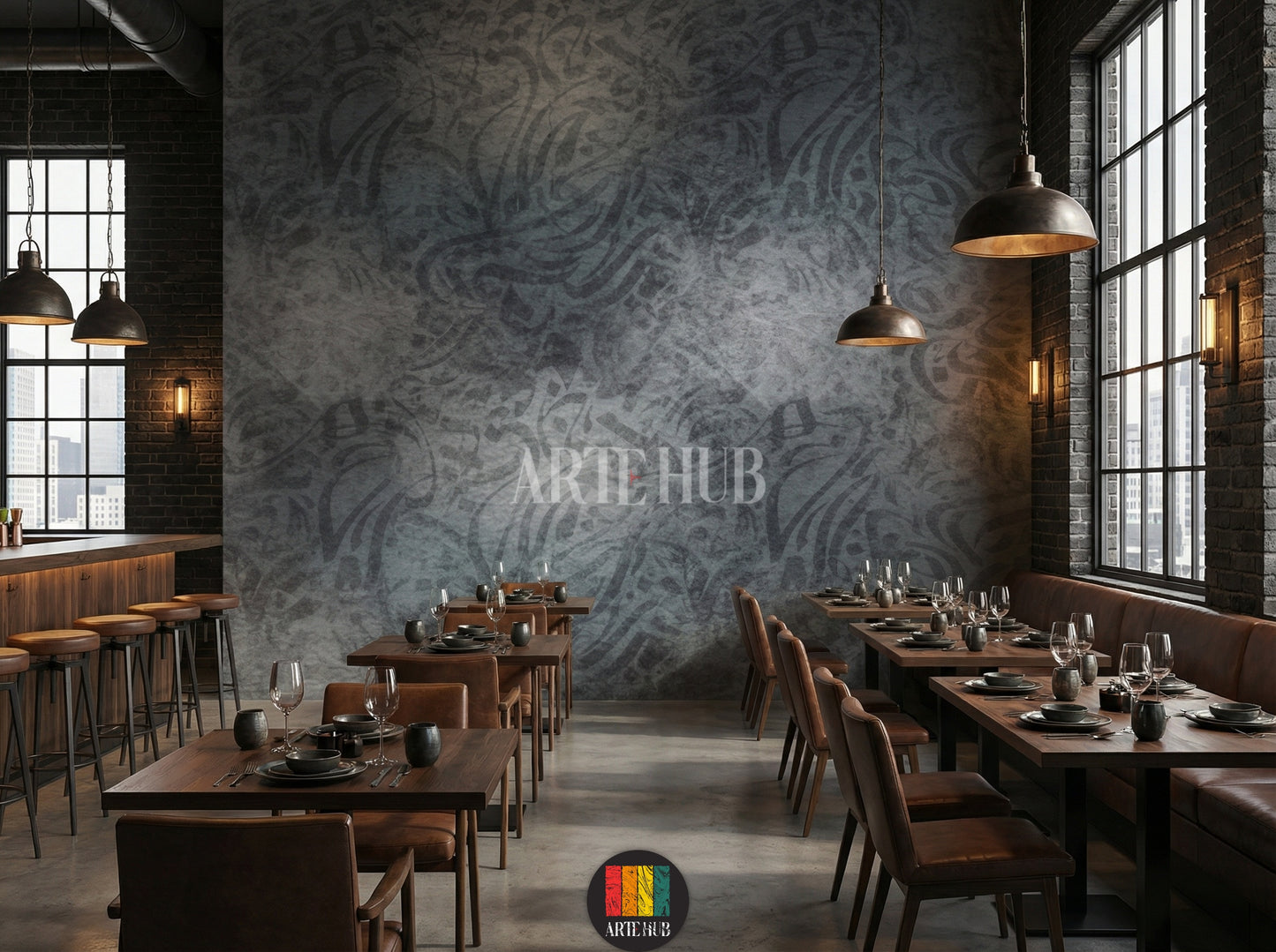 Detailed view of a modern dining room featuring a dark grey abstract patterned wallpaper. The room includes a large dark wood dining table, grey upholstered chairs, a unique white pendant light, and a tall green plant, enhancing the contemporary Egyptian decor.
صورة مفصلة لمطعم عصري تعرض ورق حائط رمادي داكن بنقوش تجريدية. الغرفة تحتوي على طاولة طعام خشبية داكنة كبيرة، كراسي قماش رمادية، إضاءة معلقة بيضاء فريدة، ونبات أخضر طويل، مما يبرز الديكور العصري في مصر.
room: restaurant