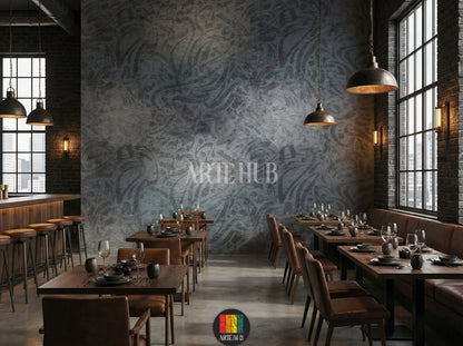 Detailed view of a modern dining room featuring a dark grey abstract patterned wallpaper. The room includes a large dark wood dining table, grey upholstered chairs, a unique white pendant light, and a tall green plant, enhancing the contemporary Egyptian decor.
صورة مفصلة لمطعم عصري تعرض ورق حائط رمادي داكن بنقوش تجريدية. الغرفة تحتوي على طاولة طعام خشبية داكنة كبيرة، كراسي قماش رمادية، إضاءة معلقة بيضاء فريدة، ونبات أخضر طويل، مما يبرز الديكور العصري في مصر.
room: restaurant