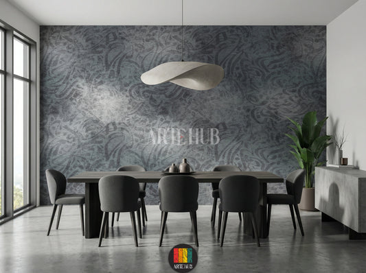 Detailed view of a modern dining room featuring a dark grey abstract patterned wallpaper. The room includes a large dark wood table, grey upholstered chairs, a unique white pendant light, and a tall green plant, enhancing the contemporary Egyptian decor.
صورة مفصلة لغرفة طعام عصرية تعرض ورق حائط رمادي داكن بنقوش تجريدية. الغرفة تحتوي على طاولة طعام خشبية داكنة كبيرة، كراسي قماش رمادية، إضاءة معلقة بيضاء فريدة، ونبات أخضر طويل، مما يبرز الديكور العصري في مصر.
room: dining room