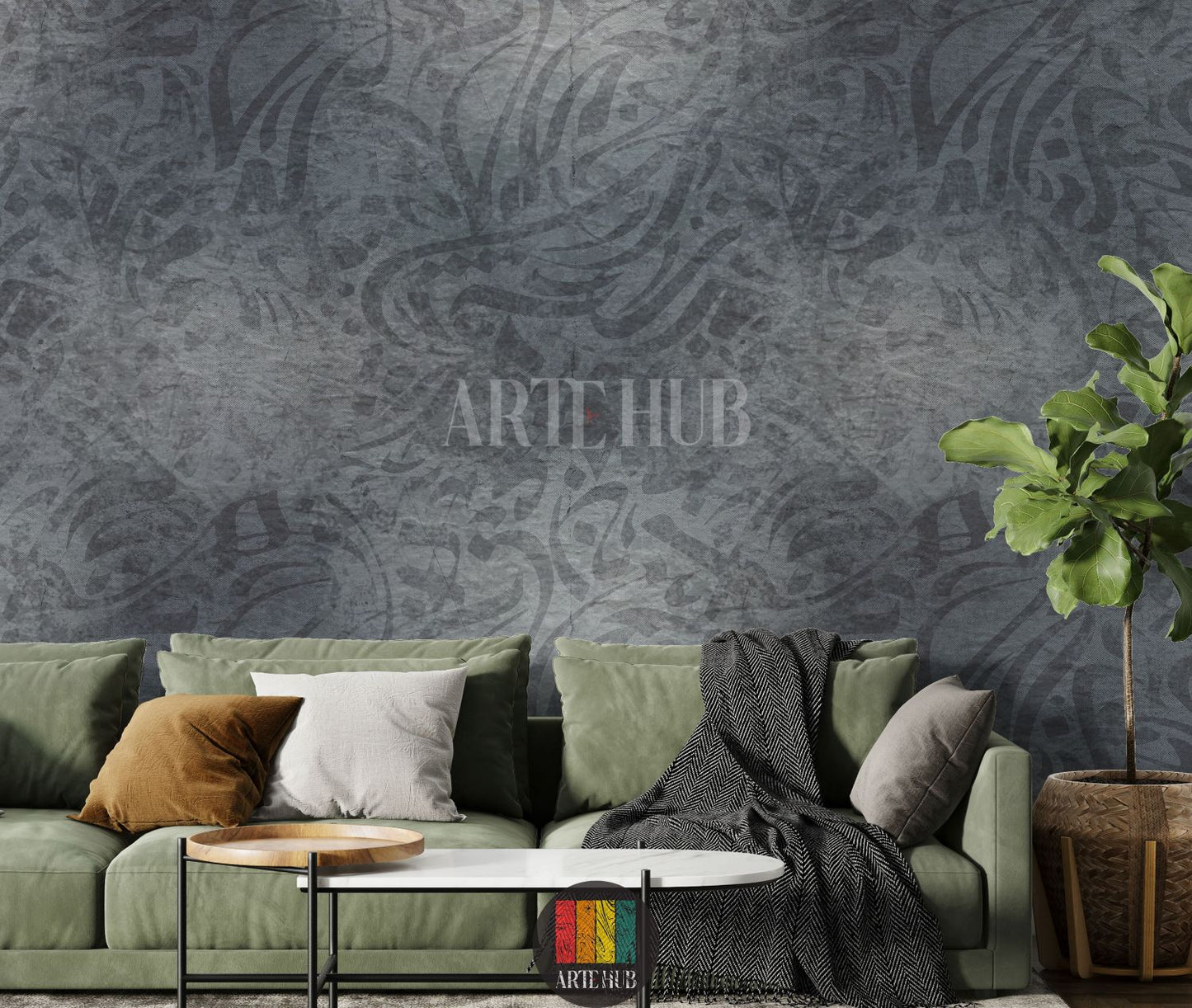 Detailed view of a modern dining room featuring a dark grey abstract patterned wallpaper. The room includes a large dark wood dining table, grey upholstered chairs, a unique white pendant light, and a tall green plant, enhancing the contemporary Egyptian decor.
صورة مفصلة لغرفة طعام عصرية تعرض ورق حائط رمادي داكن بنقوش تجريدية. الغرفة تحتوي على طاولة طعام خشبية داكنة كبيرة، كراسي قماش رمادية، إضاءة معلقة بيضاء فريدة، ونبات أخضر طويل، مما يبرز الديكور العصري في مصر.
room: living room