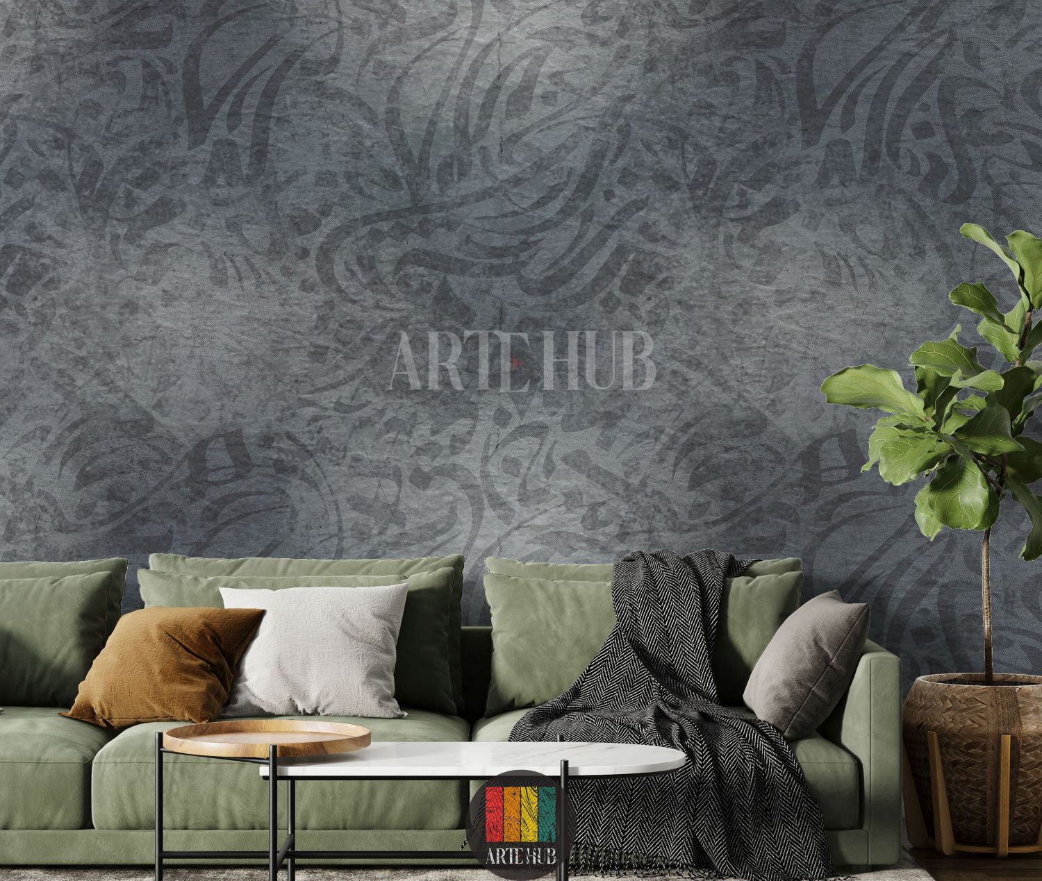 Detailed view of a modern dining room featuring a dark grey abstract patterned wallpaper. The room includes a large dark wood dining table, grey upholstered chairs, a unique white pendant light, and a tall green plant, enhancing the contemporary Egyptian decor.
صورة مفصلة لغرفة طعام عصرية تعرض ورق حائط رمادي داكن بنقوش تجريدية. الغرفة تحتوي على طاولة طعام خشبية داكنة كبيرة، كراسي قماش رمادية، إضاءة معلقة بيضاء فريدة، ونبات أخضر طويل، مما يبرز الديكور العصري في مصر.
room: living room