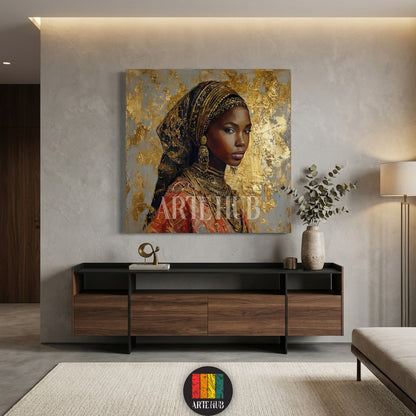  Artehub Nubiana wall art featuring a stunning African woman portrait with gold leaf details on canvas, perfect for modern Egyptian homes and decor.

 لوحة نوبيانا من Artehub تصور بورتريه لامرأة أفريقية بتفاصيل ذهبية على كانفاس، مثالية للديكور العصري في مصر والتابلوهات الفاخرة.