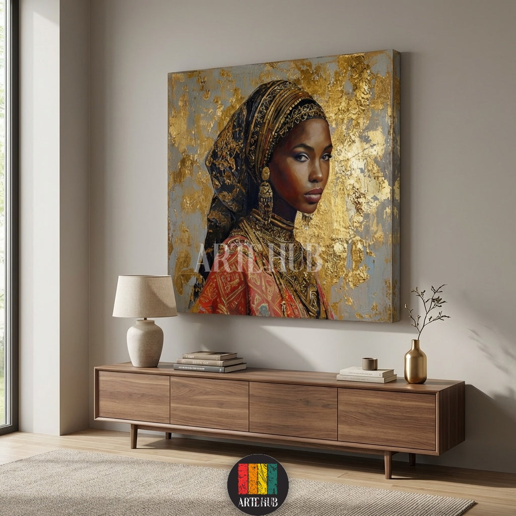  Artehub Nubiana wall art featuring a stunning African woman portrait with gold leaf details on canvas, perfect for modern Egyptian homes and decor.

 لوحة نوبيانا من Artehub تصور بورتريه لامرأة أفريقية بتفاصيل ذهبية على كانفاس، مثالية للديكور العصري في مصر والتابلوهات الفاخرة.