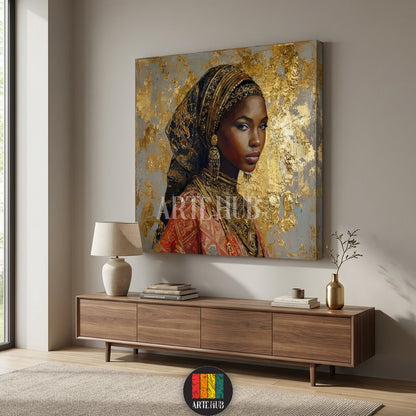 Artehub Nubiana wall art featuring a stunning African woman portrait with gold leaf details on canvas, perfect for modern Egyptian homes and decor.

 لوحة نوبيانا من Artehub تصور بورتريه لامرأة أفريقية بتفاصيل ذهبية على كانفاس، مثالية للديكور العصري في مصر والتابلوهات الفاخرة.